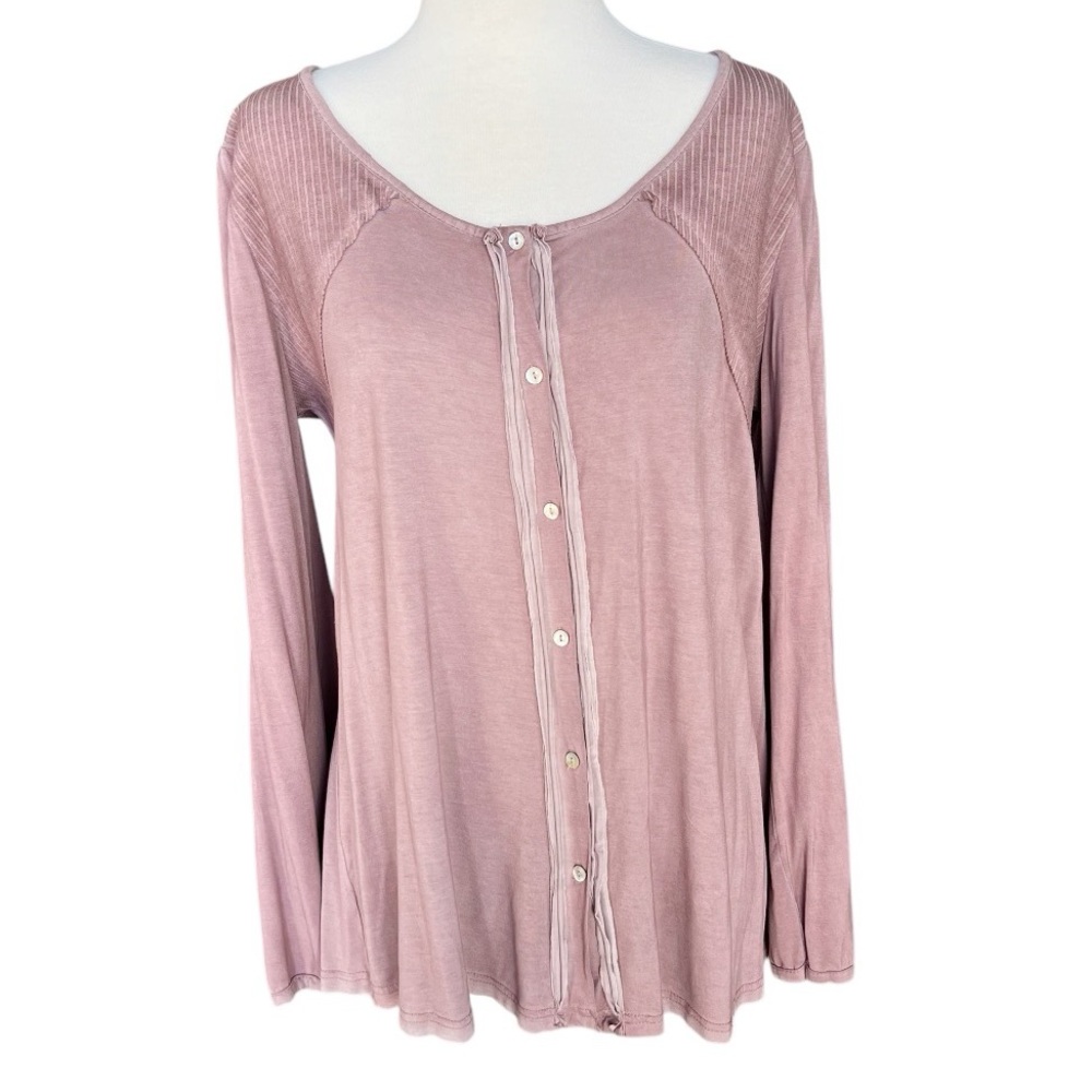 POL Button Down Top Long Sleeve Tee Large Mauve Desert Rose Pink